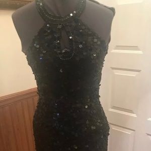 Sue Wong Womens Dress  SEXY Black SILK SEQUINS  HALTER BODYCON Size 0P